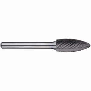 Cylindrical metal rotary burr with a diamond-patterned tapered grinding head for deburring and shaping.