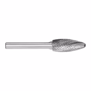Cylindrical rotary burr with a twisted, helical cutting head used for shaping metal or wood.