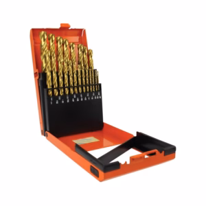 Orange plastic drill bit set in open case with gold twist bits and size markings along the holder (drill bits clearly organized).