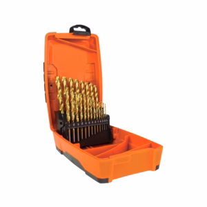 Orange toolbox opened to reveal a set of twist drill bits arranged in a black holder inside the case's lid and base, for metal drilling prep.