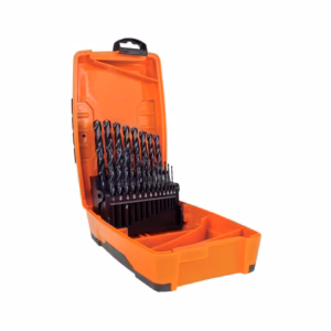Orange hard-shell case opened to reveal a set of black twist drill bits organized by size inside.