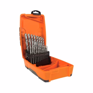Orange plastic drill bit set case opened to reveal assorted silver twist drill bits organized in a row for quick access.