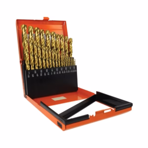 Open red plastic case holding a set of gold twist drill bits arranged by size in a black insert plate on the bottom area of the case.