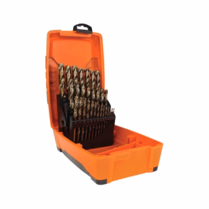 Orange plastic drill bit case opened to reveal a vertical row of twist drill bits in a black holder.