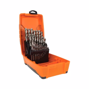 Orange hard plastic case opened to reveal a row of silver twist drill bits in a black bit holder (drill bit set)