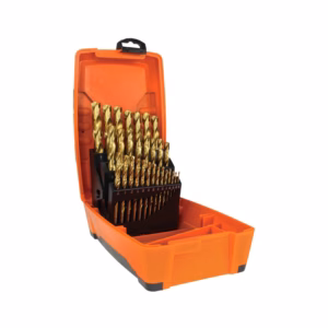 Orange plastic toolbox opened to reveal a multi-bit twist drill bit set in a black rack.