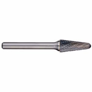 End mill cutting bit with a helical fluted end used for CNC milling on a metal workpiece