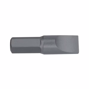 Metal screwdriver bit with hex shank and broad, flat tip for driving screws