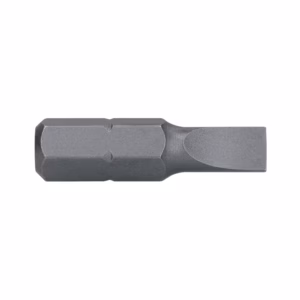 Metal screwdriver bit with a flat, chisel-like tip designed for driving slotted screws.
