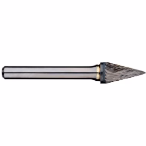 Metal drill bit with a long cylindrical shank and a sharp, conical cutting tip with twisted flutes.