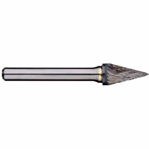 Carbide burr drill bit with a cone-shaped fluted cutting head on a metal shank for shaping materials.