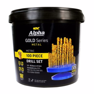 Alpha Gold Series Metal 100-piece drill bit set in a black tub, with gold drill bits on blue stands visible on the label