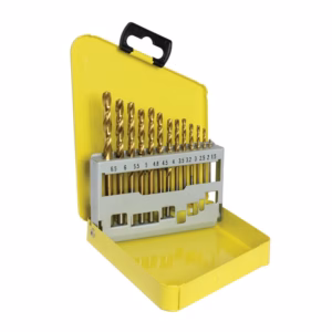 Yellow plastic drill-bit case open to show a row of gold drill bits held in a metal insert with size marks (metric sizes) along the top edge.