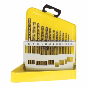 A yellow plastic drill-bit set case opened to reveal assorted metal drill bits arranged by size (numbers etched on holder).