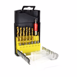 Compact drill bit set in a black carrying case with a yellow insert, showing multiple gold twist bits and a red drill bit holder.