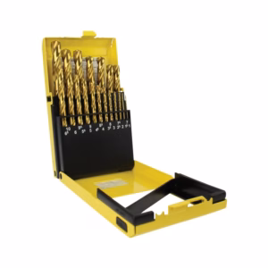 Yellow case open, showing a row of gold twist drill bits arranged by size in a black holder.