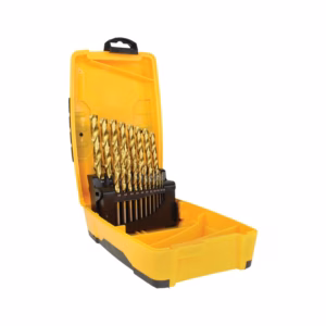 Yellow portable drill bit set in an open case, with twist drill bits arranged in a black holder inside