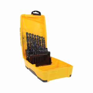 Yellow case opened to show a row of black twist drill bits in a bit holder, organized by size