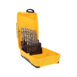 Open yellow case containing a row of metal twist drill bits in a bit organizer (drill bit set).