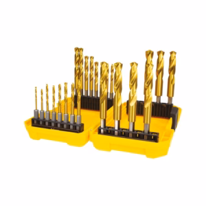 Set of gold-coated twist drill bits in a yellow plastic carrying case