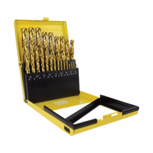 Open yellow drill-bit case with rows of gold twist drill bits held in a black organizer section.