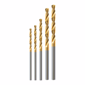 Set of five gold-coated twist drill bits arranged from small to large.