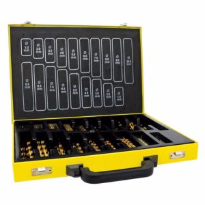 Yellow open tool case with a black interior, showing an organized set of drill bits arranged by size in labeled slots