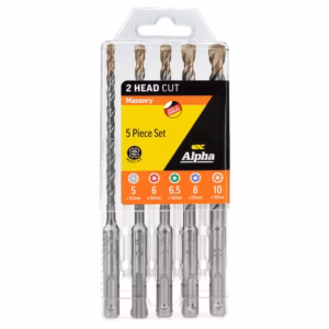 Five-piece masonry drill bit set in a clear plastic case (Alpha brand)