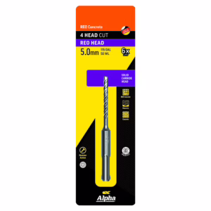 Alpha REO Concrete 5.0mm drill bit in bright yellow and black packaging, steel bit visible in center.