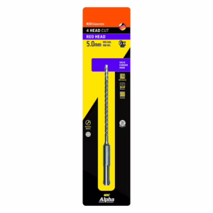 Package for Alpha 5.0 mm solid carbide concrete drill bit, yellow/black packaging with orange top and 'REO Head' label.