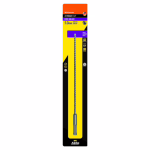 Concrete drill bit in yellow/black packaging showing 5.0 mm size and that it’s for concrete; long twisted bit with silver shaft inside packaging.