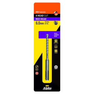 Packaging for Alpha REO Concrete 6.0 mm drill bit; yellow/black design with purple REO HEAD label and orange top, showing the twist drill.