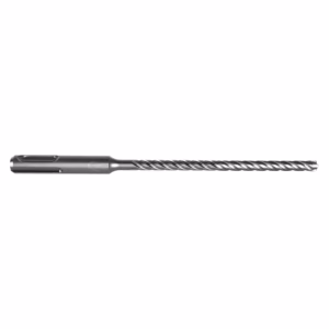 Twist drill bit with helical flutes on a metal shank, horizontal on white background used for drilling holes.