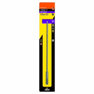 Long drill bit displayed in bright yellow and black Alpha packaging, labeled 6.0 mm solid carbide head inside a blister-packled retail package.