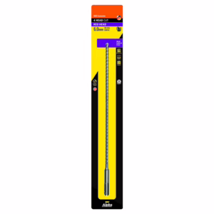 Masonry drill bit in Alpha packaging with orange top and yellow/black design; shows a long silver drill bit.