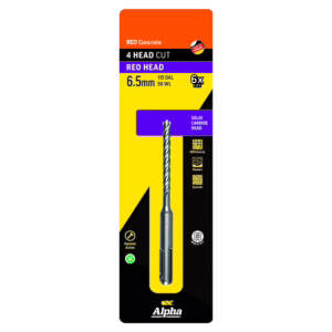 Packaging for Alpha REO Concrete drill bit with 6.5 mm solid carbide head, yellow/black purple design, showing drill bit and packaging details like 'REO Head' and '6.5mm'