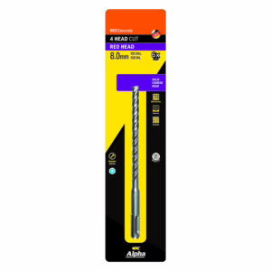 Package for Alpha REO Concrete drill bit, 8.0 mm, in yellow‑black packaging with the twisted bit visible