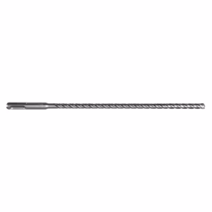 Long metal twist drill bit extending across a white background, showcasing the helical flutes and point edge.