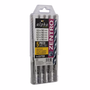Five-piece drill bit set in a clear plastic case, packaging reads '5 PIECE DRILL SET' and '4-CUTTER'.