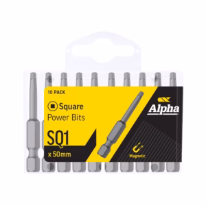 Ten-pack of Alpha Square Power Bits SQ1—50mm magnetic screwdriver bits in a plastic case with yellow/black packaging.