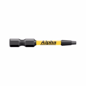 Alpha-brand interchangeable-bit screwdriver with a yellow handle and multiple bit heads visible at the left side.