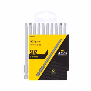 Ten square-drive power bits (SQ2, 100 mm) in a yellow and black Alpha packaging set of 10 pieces