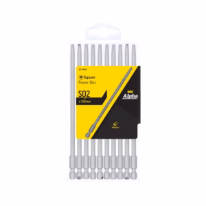 Pack of 10 magnetic power bits (SQ2, 150 mm) in clear blister with yellow-black label reading Alpha and Square Power Bits/screwdriver bits set