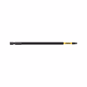 Long, slim black rod-shaped writing instrument with a yellow 'Alpha' label near one end, lying horizontally