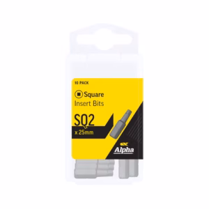 Packaged 10-pack Square Insert Bits (S02 x 25mm) in yellow/black Alpha label packaging