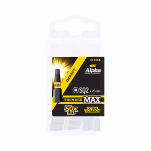 Ten-pack of Alpha ThunderMAX SQ2 25mm impact bits in a white plastic case with a black and yellow label design.