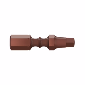Brown metal connector rod with hex ends and a narrow middle section.