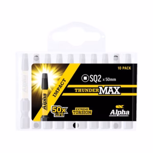 10-pack Alpha ThunderMax SQ2 50mm impact screwdriver bits in black and yellow packaging