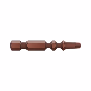 Brown multi-tip screwdriver bit with several different tips along a single shaft, shown in a row