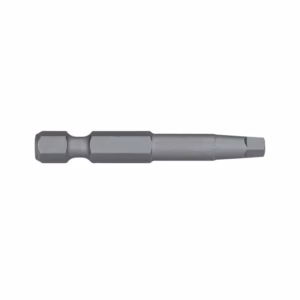 Long metallic screwdriver bit with multiple profiles, isolated on white background.